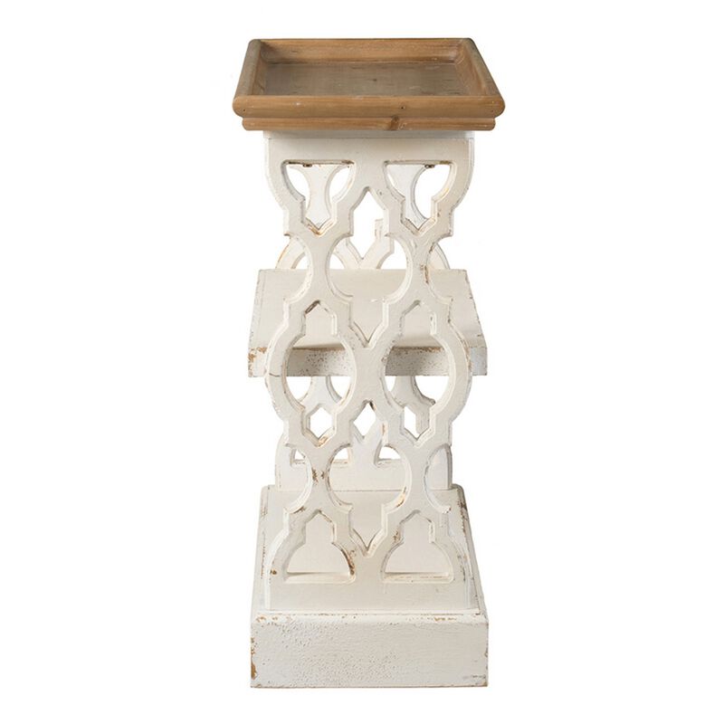 35 Inch 3 Tier Console Table, Fir Wood, Carved Panels, Brown and White - Benzara