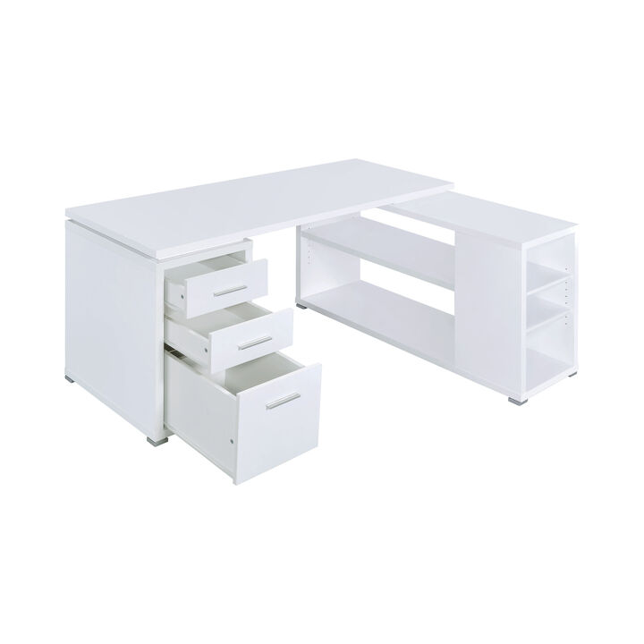 Contemporary L Shaped Office Desk with 3 Drawers and Shelves, White-Benzara