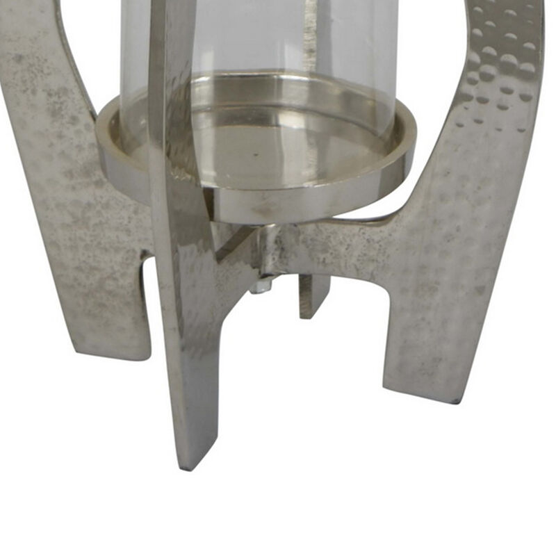 Brie Candle Holder Lantern, 27 Inch, Silver Metal Frame, Glass Shade - Benzara