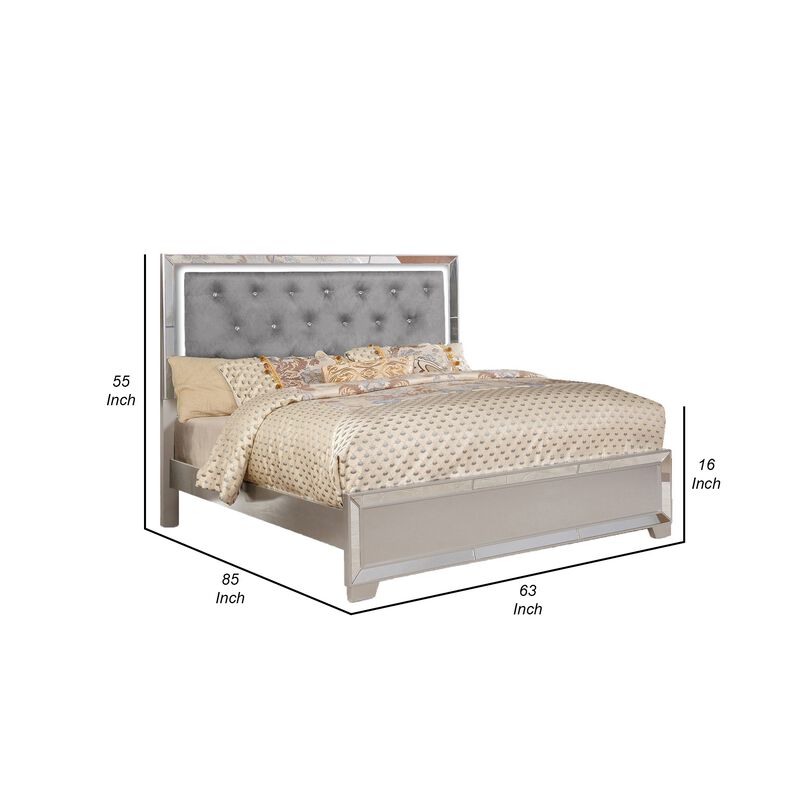 Eli Crystal Tufted Queen Bed, LED, Mirror Inlays, Wood, Gray Velvet, Silver-Benzara