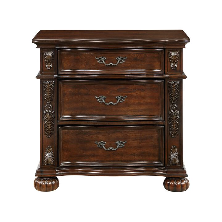 Nami 32 Inch Nightstand, 3 Drawers, Leaf Carvings, Cherry Brown Solid Wood - Benzara