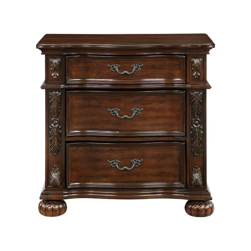 Nami 32 Inch Nightstand, 3 Drawers, Leaf Carvings, Cherry Brown Solid Wood - Benzara