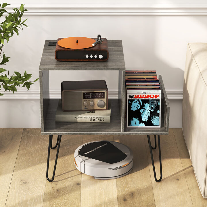Mid-Century Record Player Stand with Power Outlet and Vinyl Storage Divider
