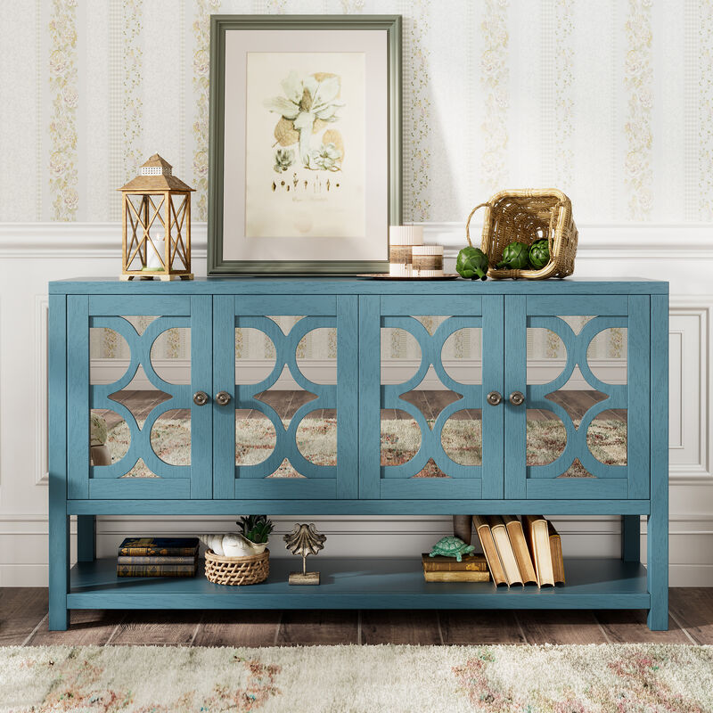 TREXM Elegant Retro Console Table/Storage Cabinet/Sideboard with Mirrored Doors, Spacious Shelves, and Durable Acacia Wood Legs - Perfect for Living Room, Dining Room, or Entryway (Antique Navy)