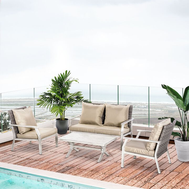 Beige Outdoor Lounge: 4-Piece Wicker Loveseat Set with Coffee Table