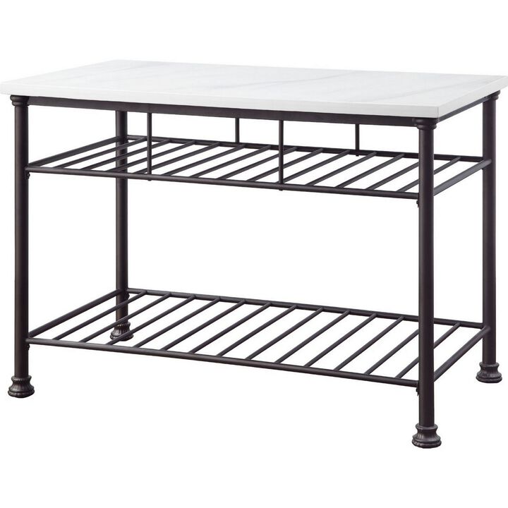 Kitchen Island with Artificial Marble Top and 2 Slatted Shelf, White-Benzara