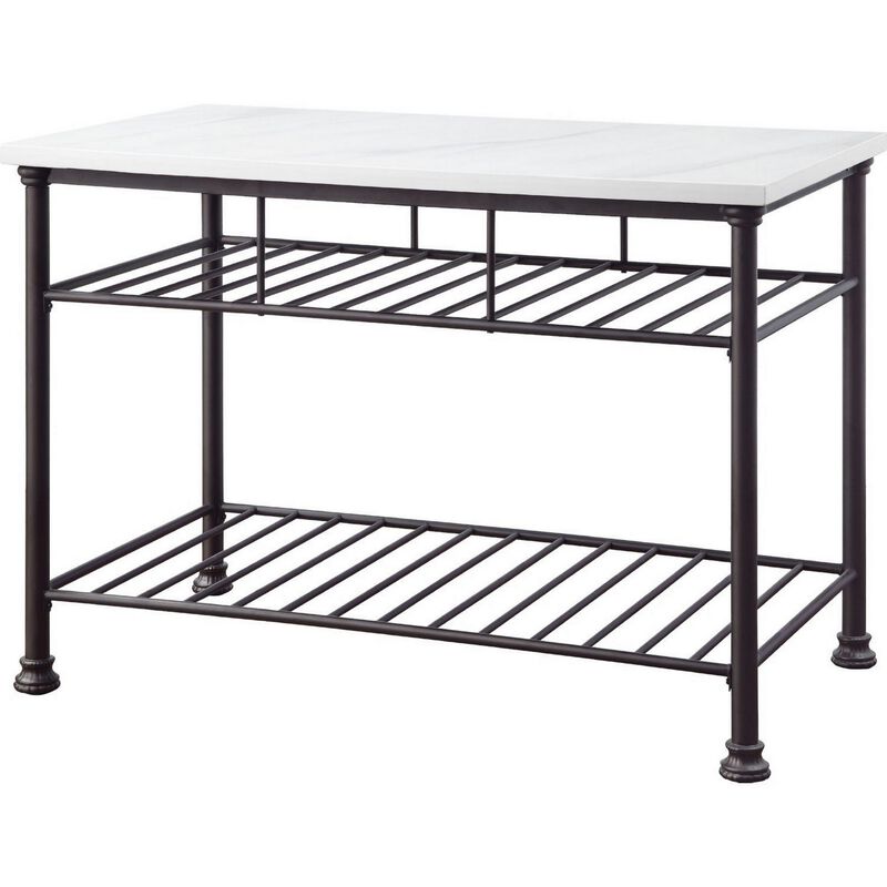 Kitchen Island with Artificial Marble Top and 2 Slatted Shelf, White-Benzara