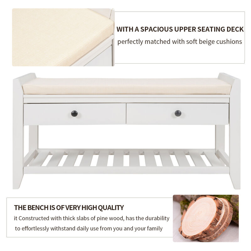 Shoe Rack With Cushioned Seat And Drawers, Multipurpose Entryway Storage Bench (White)