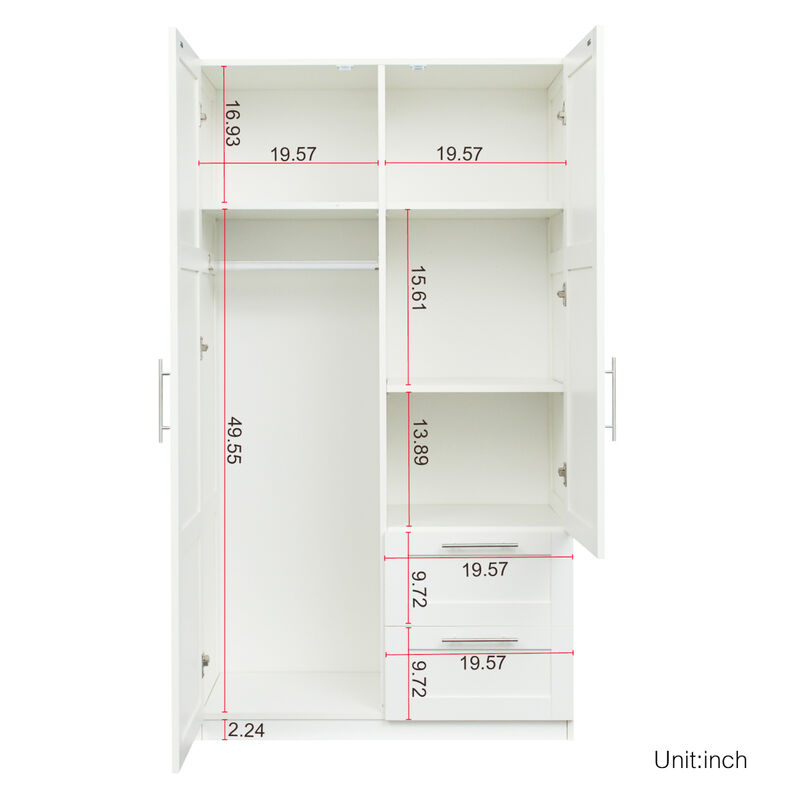 High Wardrobe And Kitchen Cabinet With 2 Doors, 2 Drawers And 5 Storage Spaces, White