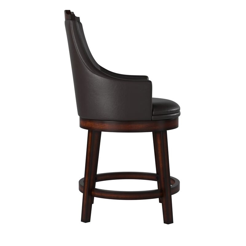 Wood & Leather Counter Height Chair with Swivel Mechanism, Brown & Black, Set of 2-Benzara