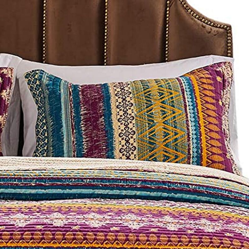 Tribal Motif Print Cotton Twin Quilt Set with 1 Pillow Sham, Multicolor - Benzara