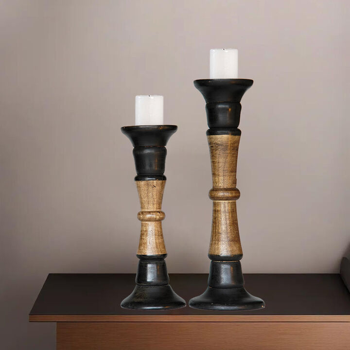 Traditional Dark Polish Eco-friendly Handmade Mango Wood Set Of Two 12" & 15" Pillar Candle Holder
