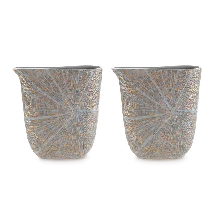 Denver Vase, Set of 2, 14 Inch, Starburst Pattern, Antique Gold Polyresin - Benzara