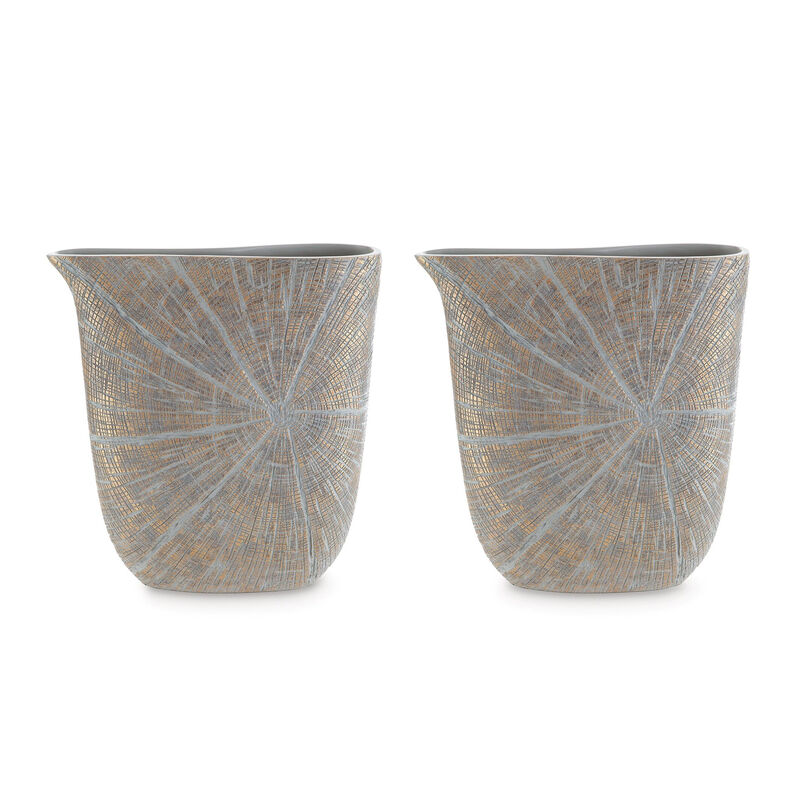 Denver Vase, Set of 2, 14 Inch, Starburst Pattern, Antique Gold Polyresin - Benzara