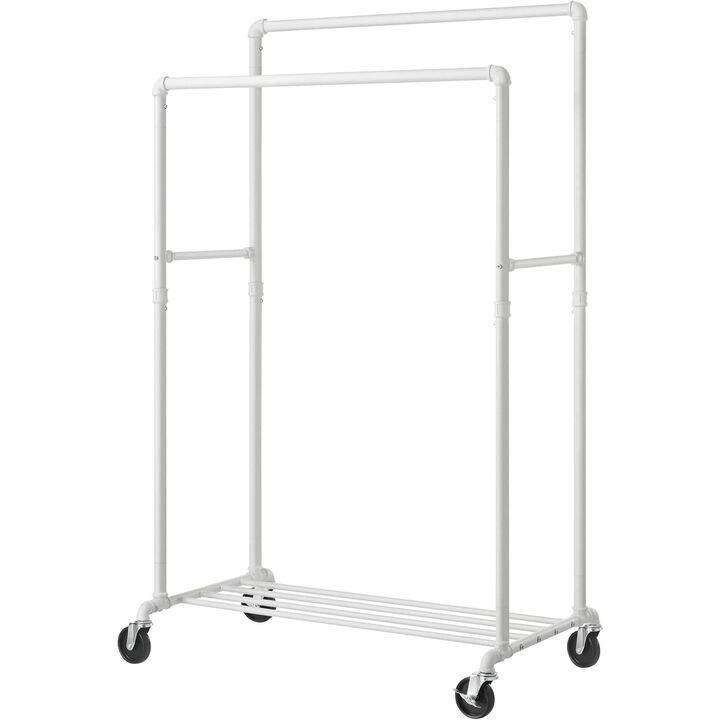 Heavy Duty Rustic Pipe Double-Rail Clothes Garment Rack with Locking Wheels
