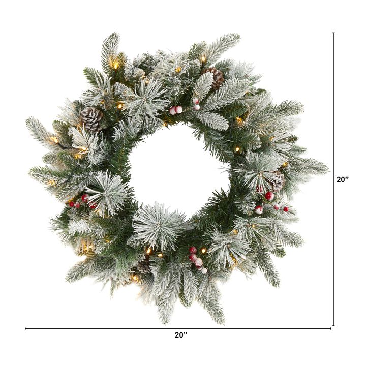 Hivvago 20" Flocked Mixed Pine Artificial Christmas Wreath with 50 LED Lights, Pine Cones and Berries