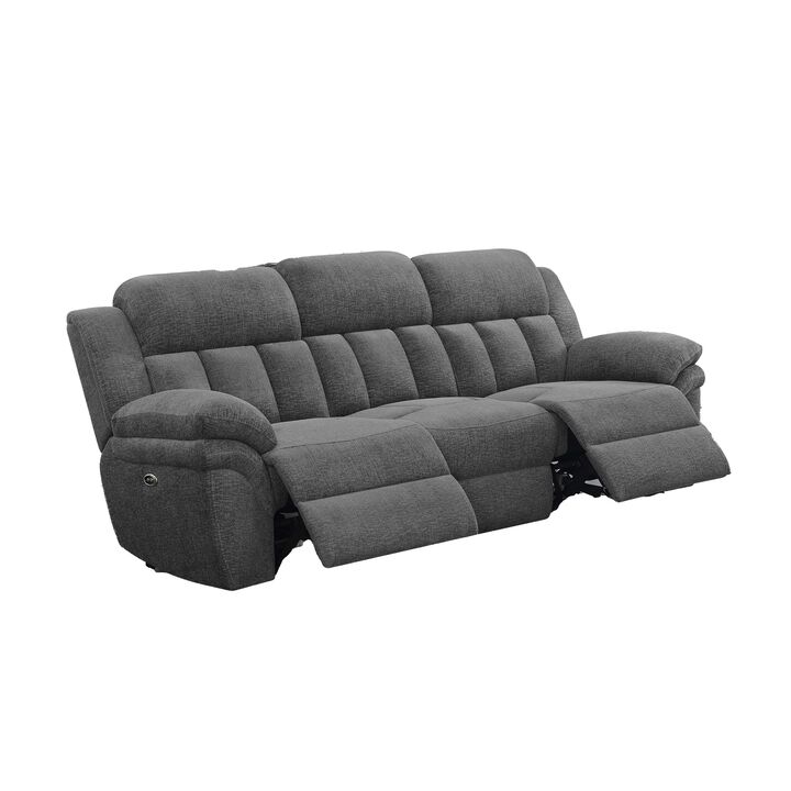 Diko. Dual Power Recliner Sofa, Cushioned Tufted Seats, Gray Finish - Benzara