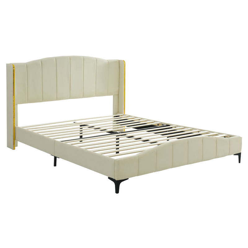 Merax PU Leather Upholstered Platform Bed with Velcro Slats