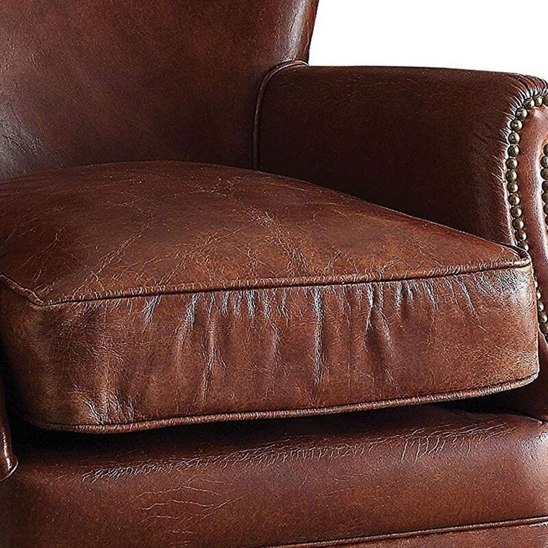 Leather Upholstered Accent Chair With Nail head Trim, Dark Brown-Benzara