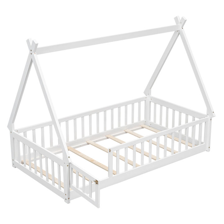 Twin Tentshaped Floor Bed, With Guardrails, Slats, Door, White