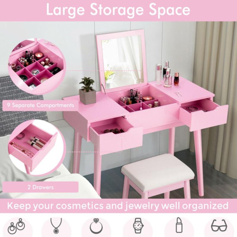 Hivvago Makeup Vanity Table Set with Flip Top Mirror and 2 Drawers-Pink