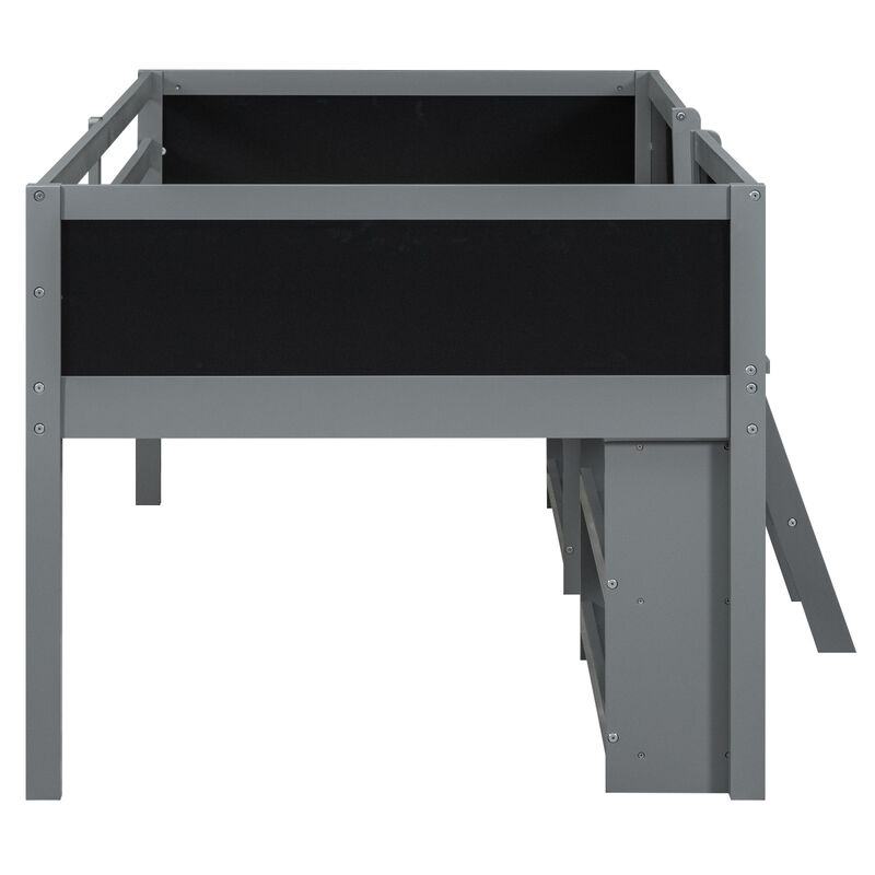 Twin Size Low Loft Bed With Two Movable Shelves And Ladder, With Decorative Guardrail Chalkboard