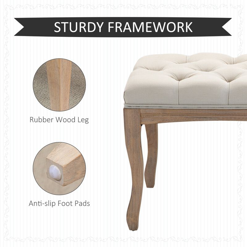 Beige Versatile Bench: 43" Linen Ottoman with Tufted Seat