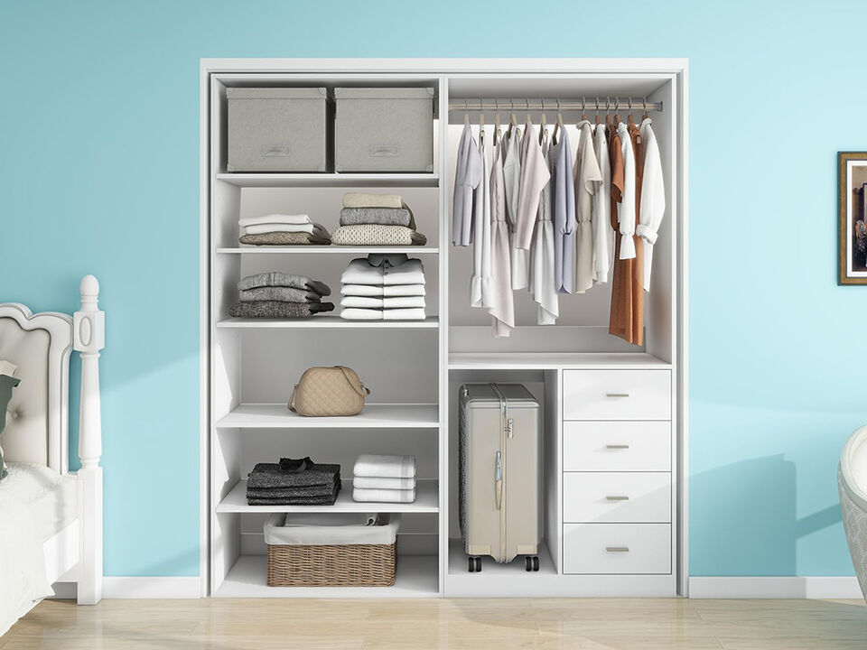 Closet System with 4 Drawers, Walk in Closet with 2 Hanging Rails