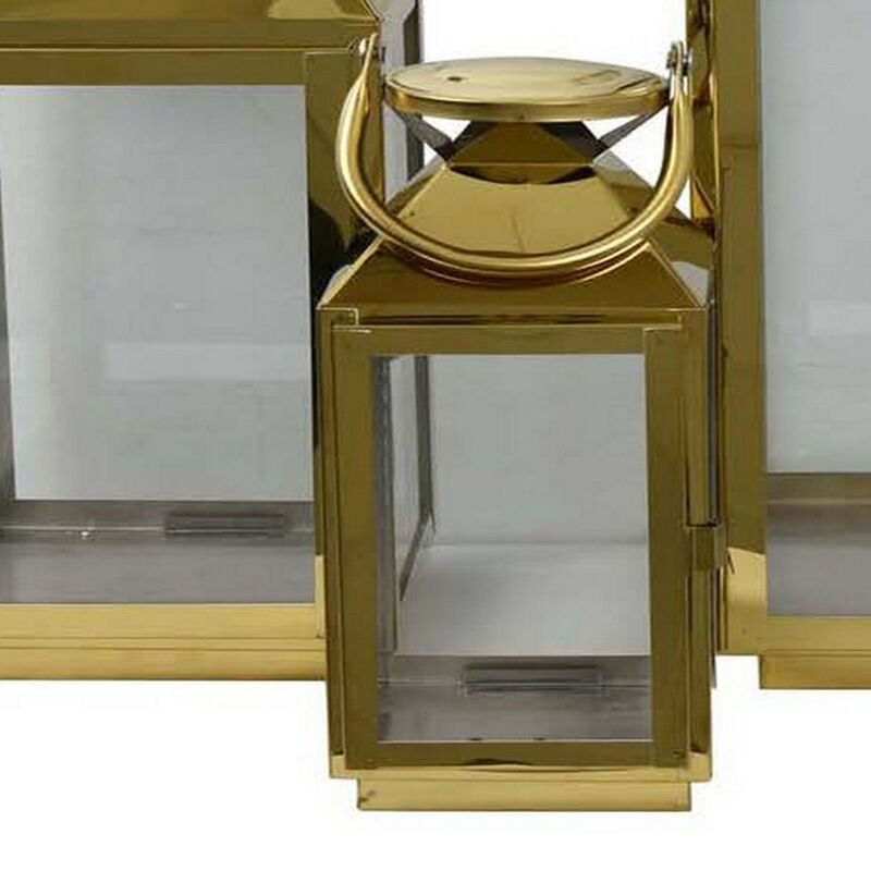 Davi Set of 3 Decorative Lanterns, Curved Handles, Glass Panel, Brass Metal - Benzara