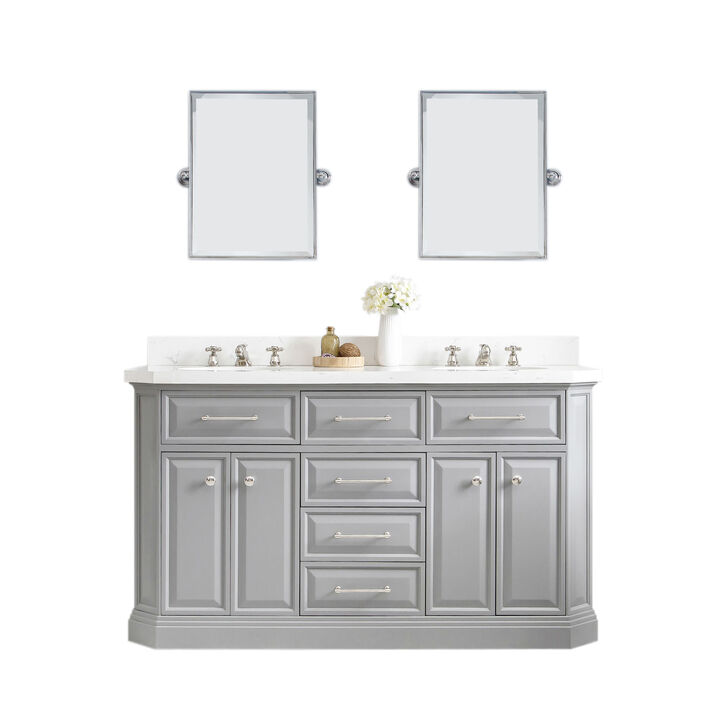 Palace 60 In. Double Sink Carrara Quartz Countertop Bath Vanity in Cashmere Grey with Polished Nickel (PVD) Hardware, Classic Faucets and Rectangular Pivot Mirrors