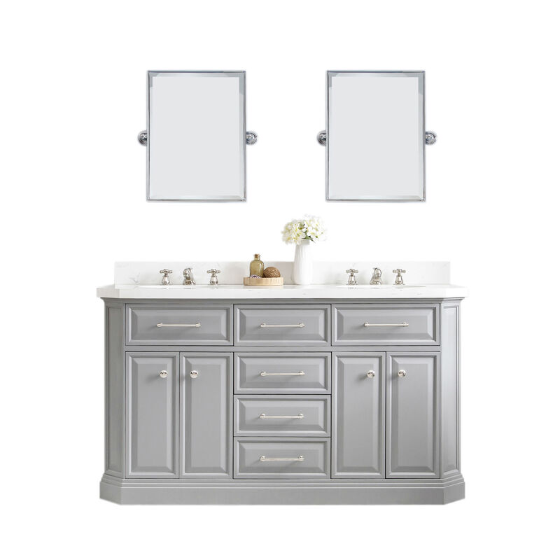 Palace 60 In. Double Sink Carrara Quartz Countertop Bath Vanity in Cashmere Grey with Polished Nickel (PVD) Hardware, Classic Faucets and Rectangular Pivot Mirrors