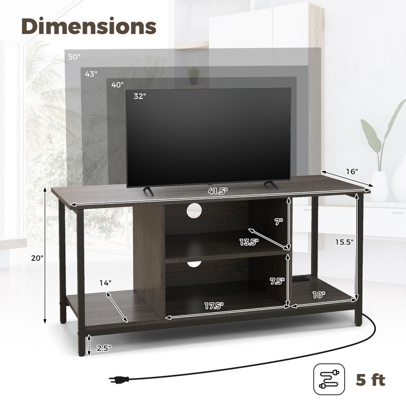 3-Tier TV Stand with Power Outlet USB and Adjustable Shelf-Grey