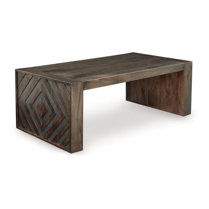 Dreg Cocktail Coffee Table with Diamond Cut Design, Brown Panel Legs - Benzara