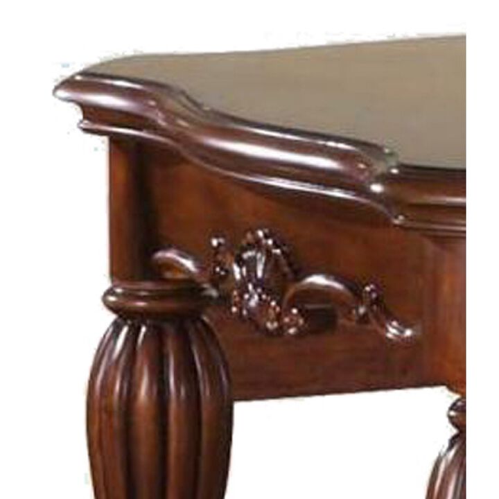 Wooden End Table with Carved Details, Cherry Brown-Benzara