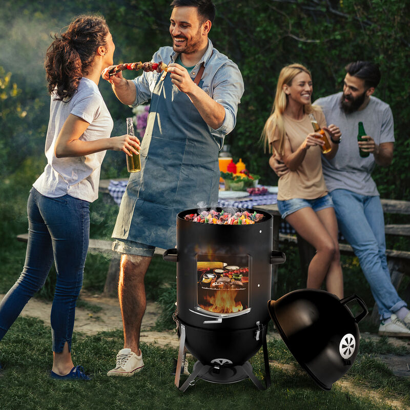 Vertical Charcoal Smoker Heavy-Duty 3-Layer Round BBQ Grill for Outdoor Cooking and Smoking