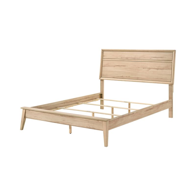 Kali Queen Bed, Panel Design, Melamine Laminate Natural Oak Brown Wood - Benzara