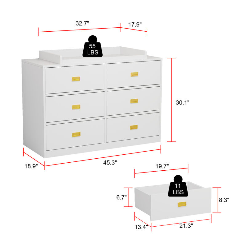 6-Drawer White Wooden Chest of Drawers Storage Dresser Freestanding Cabinet 45.1 in. W x 18.9 in. D x 30.1 in. H