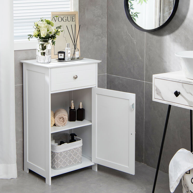 Costway Cabinet Bathroom Storage Floor Organizer Cupboard Drawer Shelf Bath Towel White