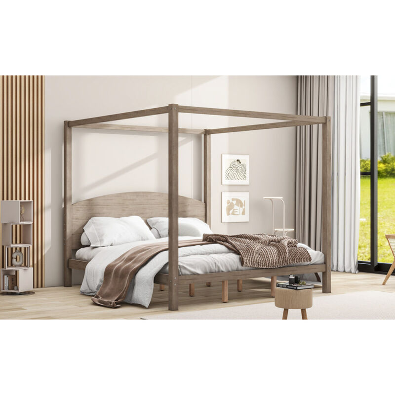 King Size Canopy Platform Bed With Headboard And Support Legs, Wash