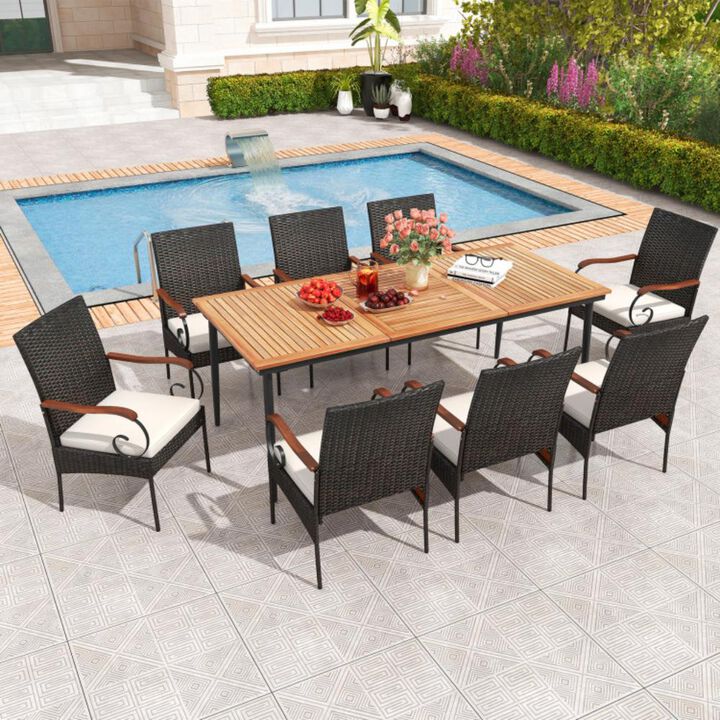 Hivvago 79 Inch Outdoor Dining Table and 8 Rattan-woven Dining Chairs with Acacia Wood Tabletop