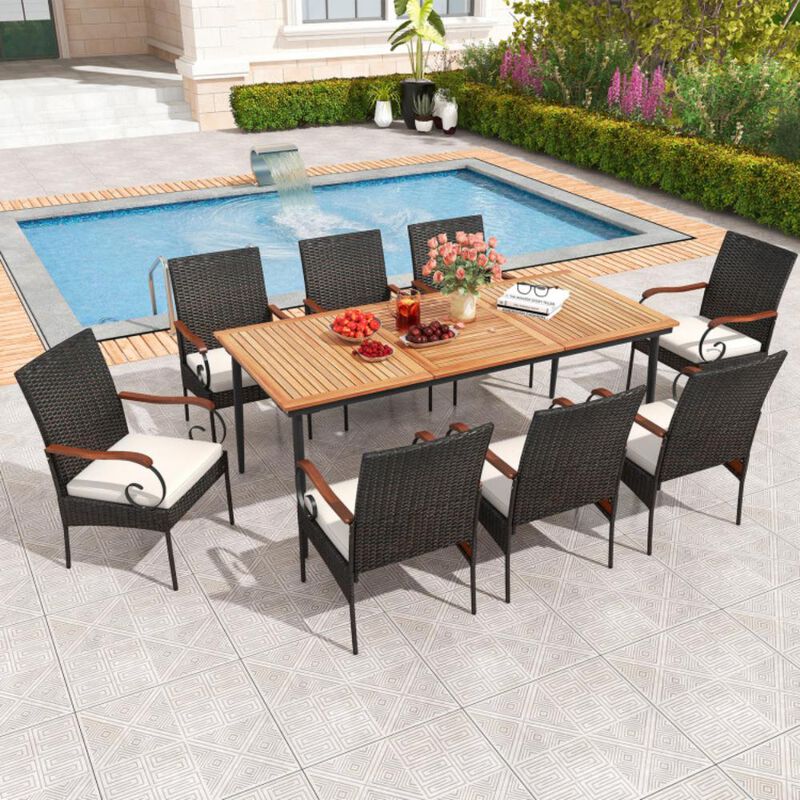 Hivvago 79 Inch Outdoor Dining Table and 8 Rattan-woven Dining Chairs with Acacia Wood Tabletop