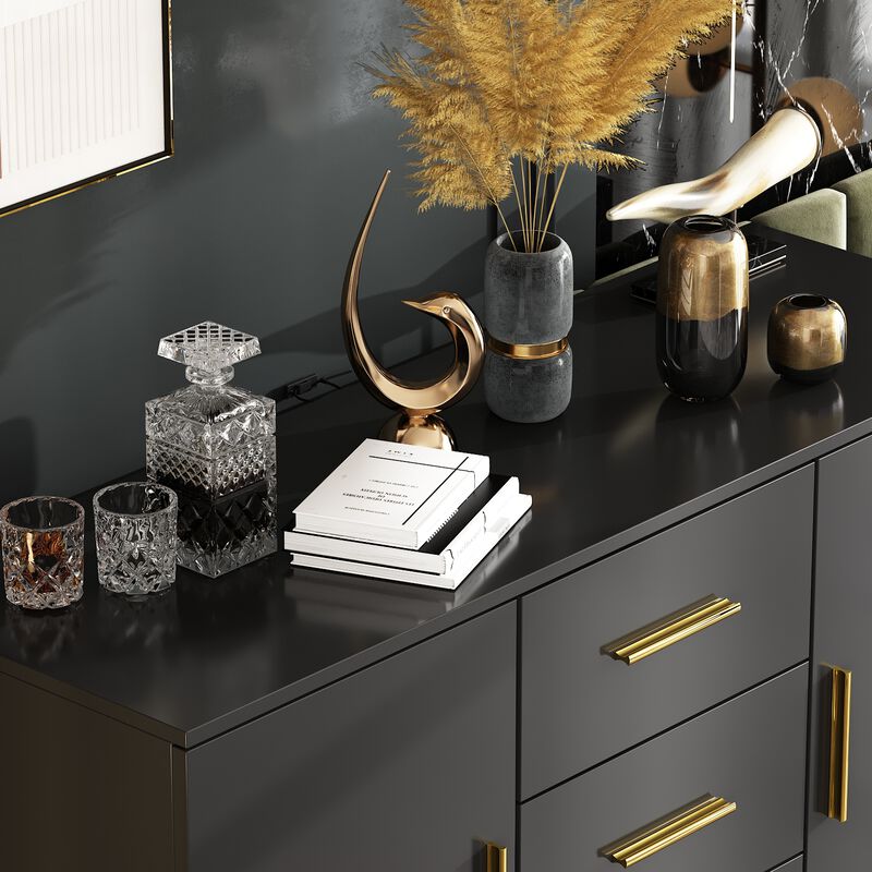 Black Storage Accent Cabinets with 3-Drawers and 2-Cabinets, Metal Legs Cupboard Floor-Standing Sideboard