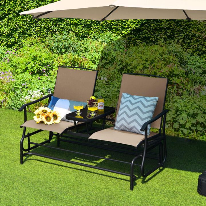 Hivvago 2-Person Double Rocking Loveseat with Mesh Fabric and Center Tempered Glass Table