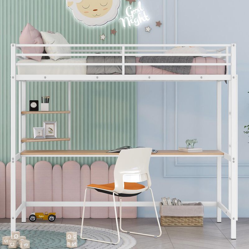 Metal Loft Bed with Desk and Shelf, Space-Saving Workstation for Kids & Teens