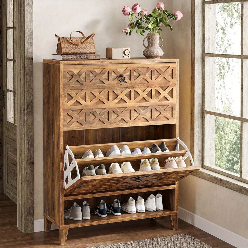 2-Flip Drawer Brown Freestanding Shoe Storage Cabinet, Narrow Entryway Organizer with Adjustable Shelves