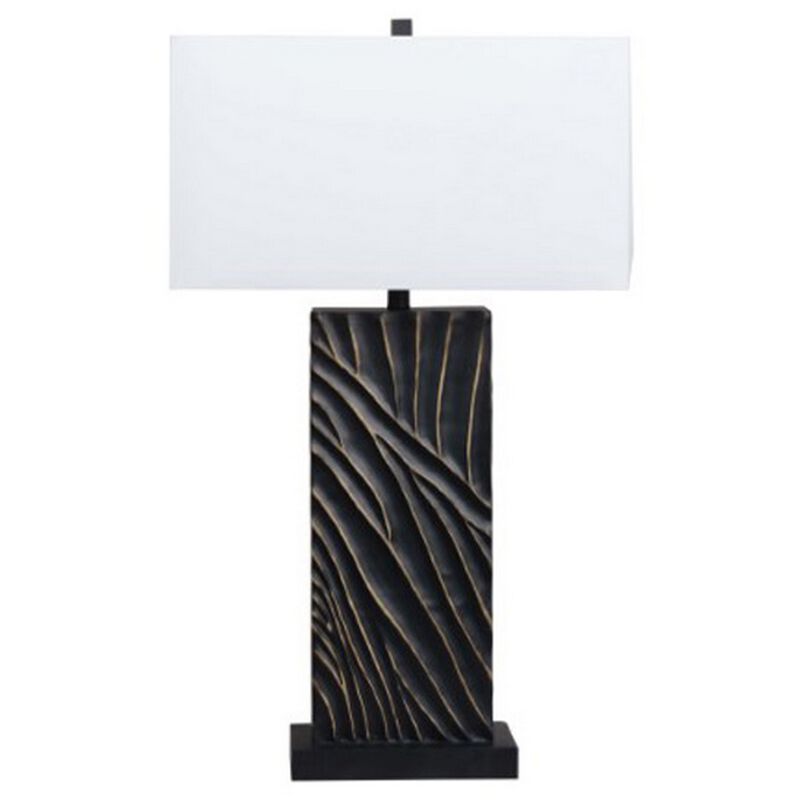 Len Table Lamp, White Rectangular Shade, Unique Lined Design Black Pedestal - Benzara