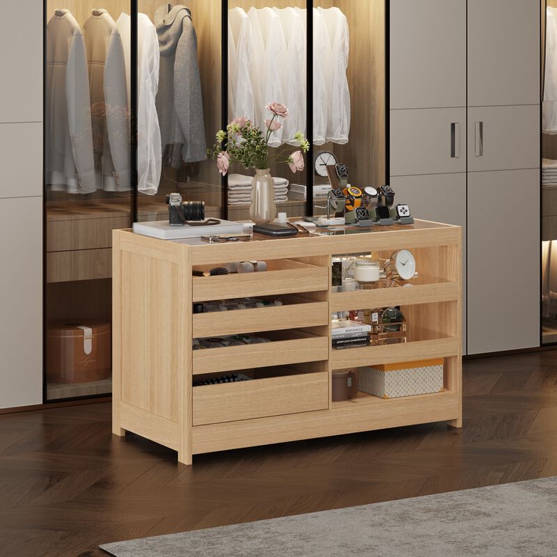 FUFU&GAGA Jewelry Display Island with Tempered Glass Top, Oak Finish (55.1" W x 27.6" D x 35.4" H),Brown