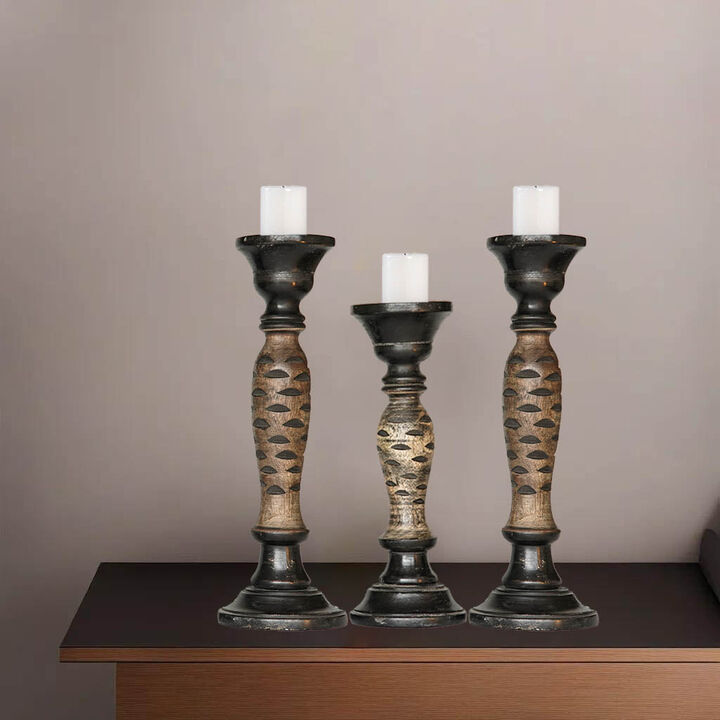 Traditional Dark Polish Eco-friendly Handmade Mango Wood Set Of Three 15",12" & 15" Pillar Candle Holder BBH Homes