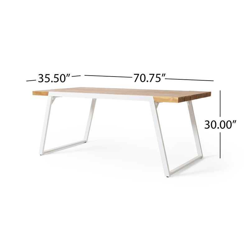 Outdoor Dining Table, Splayed White Sled Base, 71 Inch Acacia Wood - Benzara