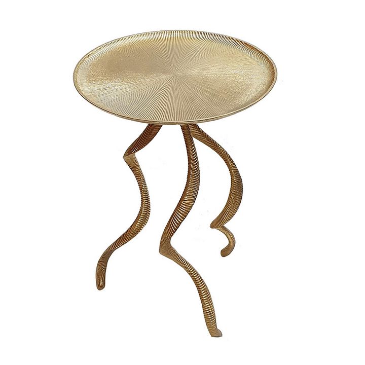 24 Inch Accent Side Table, Antler Base Design, Ribbed Top, Aluminium, Gold - Benzara